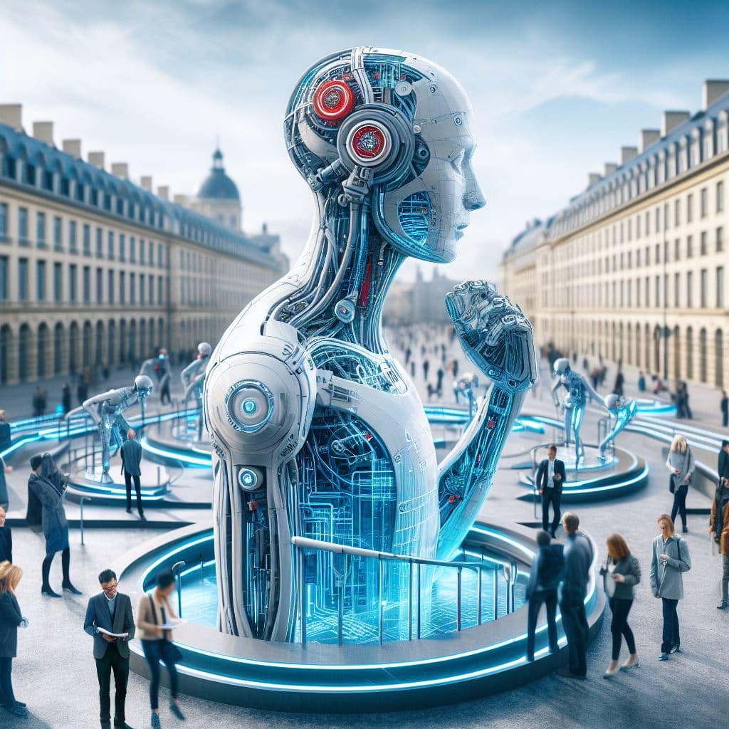 Centre ville de Rennes avec un robot qui représente l'intelligence artificielle