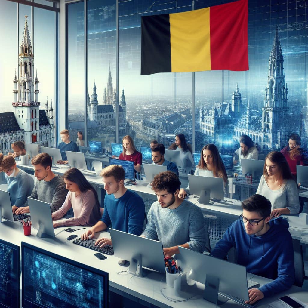 Drapeau de la Belgique dans une salle informatique